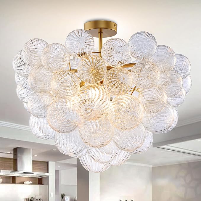 Bubble Ball Semi Flush Mount Ceiling Light Fixture, 20" Bubble Chandelier, Modern Hand Blown Glass Chandelier for Bedroom, Living Room, Dining Room (20" Gold Ceiling Light)