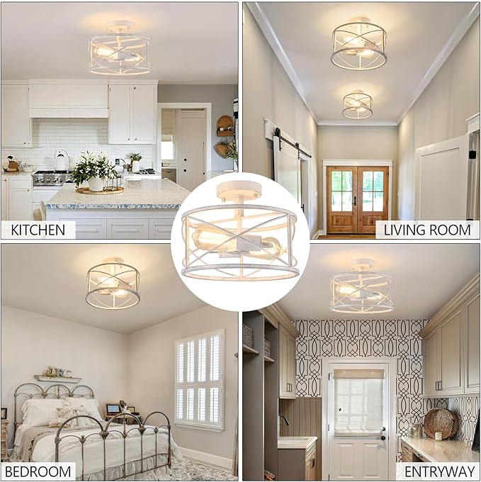 2-Light Semi Flush Mount Distressed White Ceiling Light Fixture, Farmhouse Vintage Metal Cage with Adjustable Height, Dimmable for Hallway Entryway Kitchen Bedroom Foyer Laundry Low Ceiling