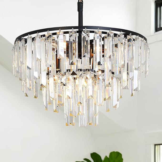 Modern Black Crystal Chandelier, 18" Round Chandeliers for Dining Room 4-Tier 6 Lights Luxury Top K9 Crystal Ceiling Pendant Light Fixture for Foyer Bedroom Closet
