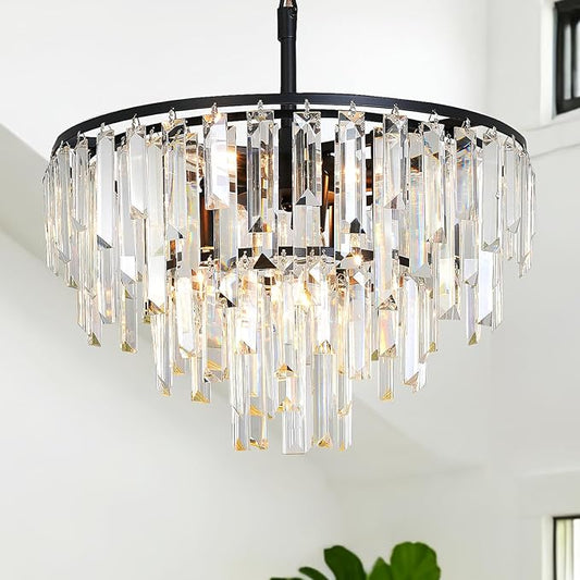 Modern Black Crystal Chandelier, 18" Round Chandeliers for Dining Room 4-Tier 6 Lights Luxury Top K9 Crystal Ceiling Pendant Light Fixture for Foyer Bedroom Closet