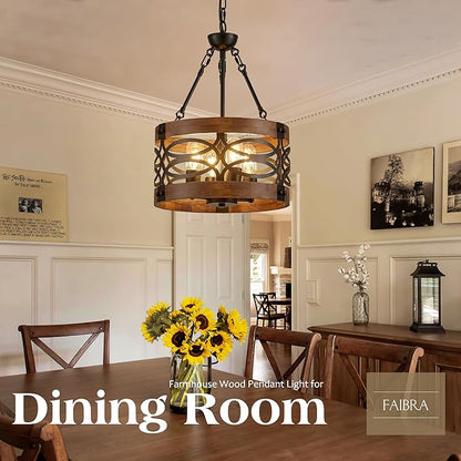 4-Light Farmhouse Drum Wood Pendant Light 13.8'' Vintage Rustic Brown Oak Wood Chandeliers,Retro Industrial Hanging Light Fixtures for Dining Room Entryway, Bedroom