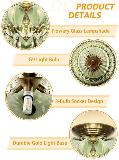 Semi Flush Mount Ceiling Light,11IN Vintage Gold Hallway Lights Fixture,3-Bulb Globe Green Glass Close to Ceiling Light for Bathroom, Hallway, Dining Room,Bulb Not Included