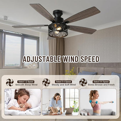 52'' Ceiling Fan with Lights, Flush Mount Farmhouse Ceiling Fan with Remote Control, 6 Speeds Reversible DC Motor, Low Profile Industrial Caged Ceiling Fan for Bedroom Living Room