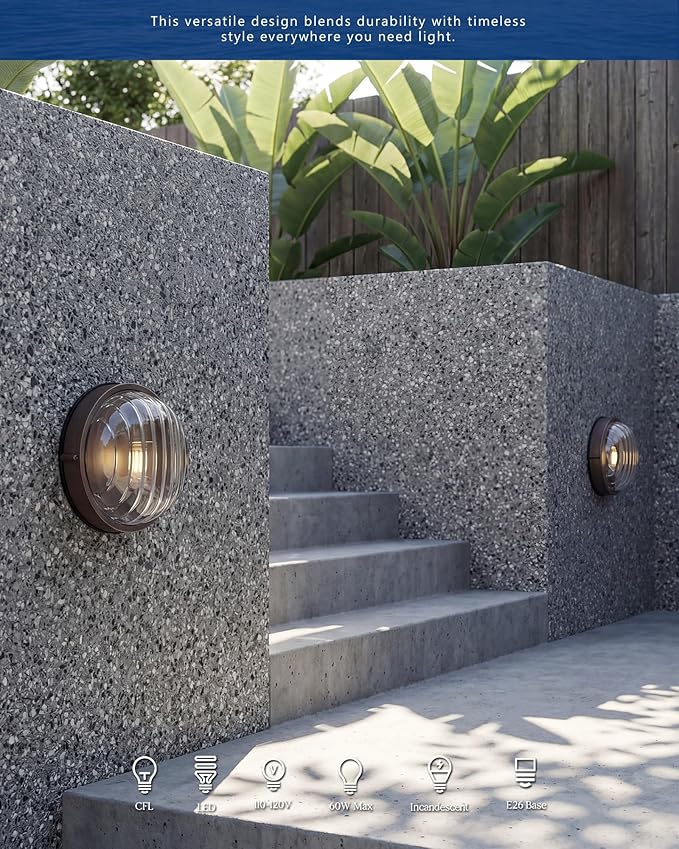 FEMILA 10" ORB Modern Outdoor Wall Lantern, 2 Pack Nautical Outdoor Lighting, Bulkhead Sconce for Front Porch/Entry Light, Aluminum, Ripple Glass, ETL & UL Listed, 4FYX105FL-2 ORB SW