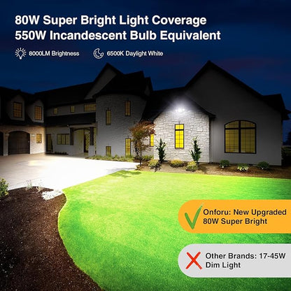 Onforu 80W Dusk to Dawn Outdoor Lighting,8000LM Black Flood Lights Outdoor,IP65 Waterproof Exterior Security LED Light,3 Adjustable Heads Photocell Light Fixture,6500K Floodlight for Garage,Patio,Yard