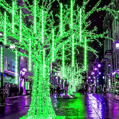 Dazzle Bright 288 LED Christmas Light, 11.8 Inch Meteor Shower Rain Lights with 8 Tubes, Waterproof Plug in Falling Rain Lights Christmas Decorations for Xmas Bushes Tree Yard Party (Green)