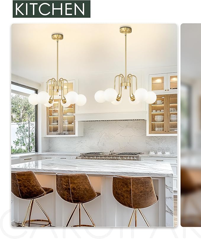 Gold Chandelier with Frosted Glass Globe, 6-Light Modern Pendant Light for Kitchen, Bedroom, Hallway, Living Room,CKPL4845-6P-PG