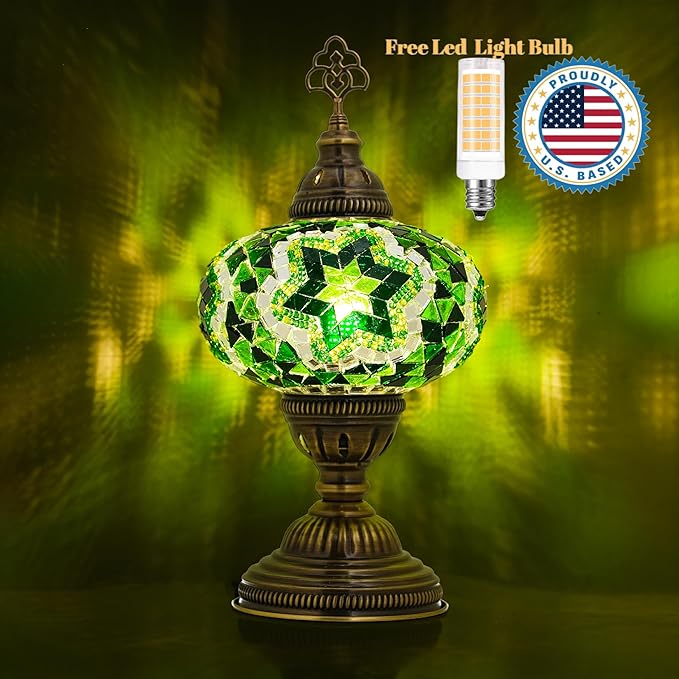Turkish Lamp, Mosaic Table Lamp, Antique Moroccan Decorative Glass Bohemian Vintage Lamp Shade, Small Desk Tiffany Bedside Stained Glass Lamp with US Plug and E12 Socket