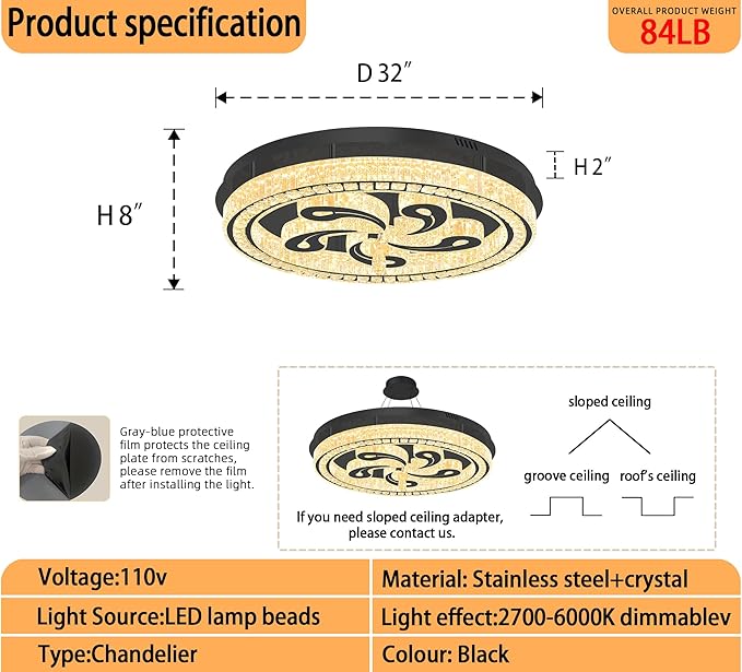 Modern Crystal Chandeliers for Dining Room Flush Mount Ceiling Chandelier for Living Room Dining Room Ring LED Crystal Ceiling Light (Round,32in Black,Dimmable 2700K-6500K)