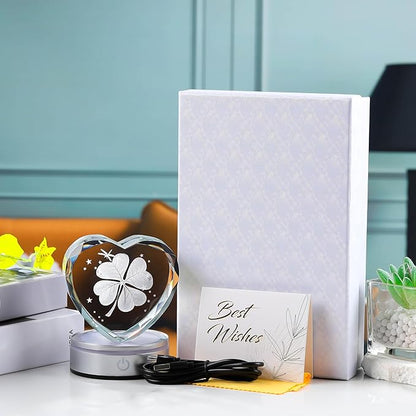 Qianwei 3D Four Leaf Clover 80mm Heart Shape Good Luck Gifts Ideas with Multicolor Lighting Base - Irish Gifts for Women Decor 4 Leaf Clover
