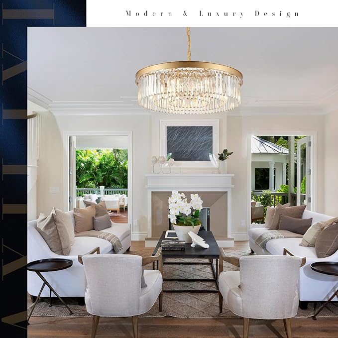 A AXILIXI Gold Crystal Chandeliers 30" Modern Round Chandelier 12-Lights 3-Tier Crystal Ceiling Chandelier Light Fixture Brass Luxury Crystals Chandeliers for Dining Room High Ceilings Entryway Foyer