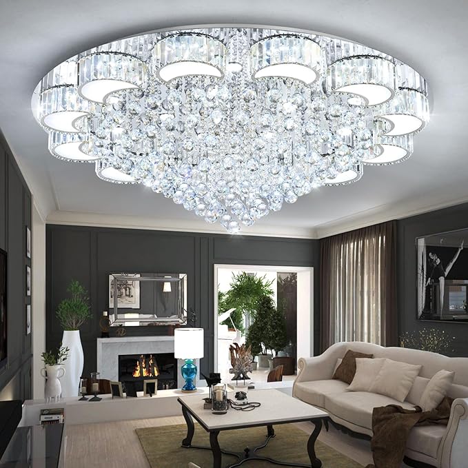 47" Silver Modern Crystal Chandeliers for Dining Room LED Dimmable Light Fixtures Flush Mount Light Living Room Bedrooms