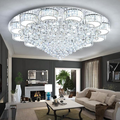 47" Silver Modern Crystal Chandeliers for Dining Room LED Dimmable Light Fixtures Flush Mount Light Living Room Bedrooms