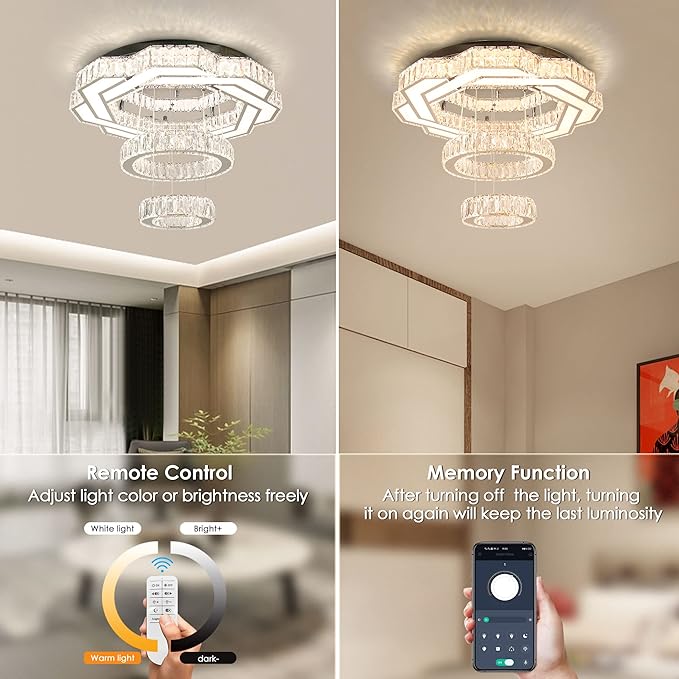 22.5" Crystal Chandeliers Living Room Modern Crystal Ceiling Light with Remote LED Ring Round Pendant Light Flush Mount Chandelier for Bedroom Dining Room Entryway Dimmable