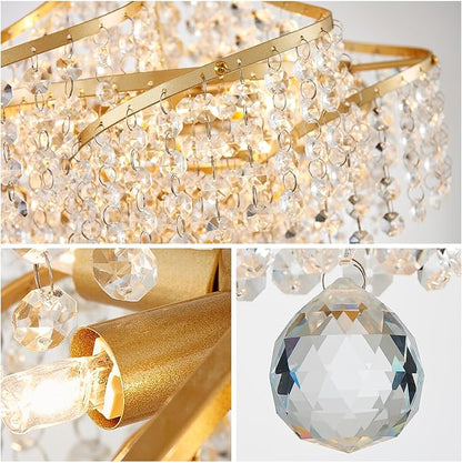 WUZUPS Clear Crystal Chandelier Pendant Flushmount Ceiling Light Modern Lighting Fixture for Bedroom Hallway Bar Kitchen Bathroom, H 20.1" x W 14.7", Gold, G9 Base