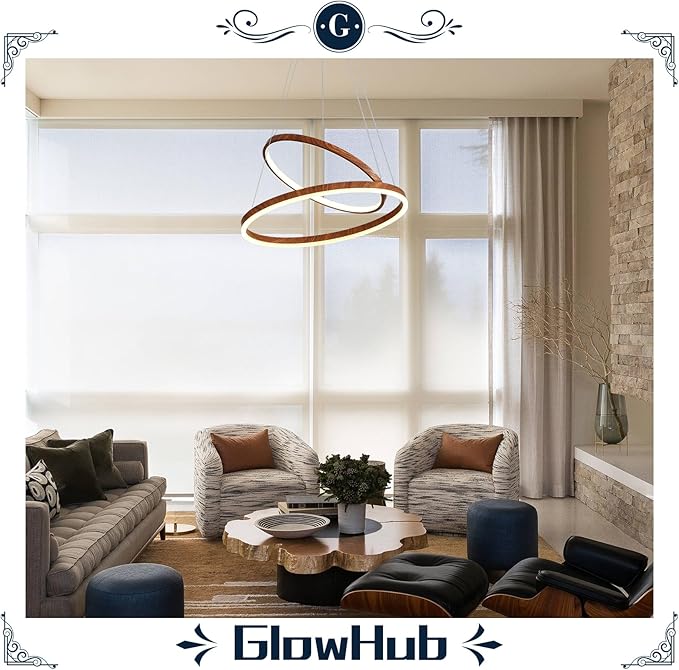 LED Chandelier for Dining Room 2 Ring LED Ceiling Hanging Light Adjustable Dimmable with Remote Modern Farmhouse Circular Wood Painted Round Pendant Light for Entryway, Bedroom, Office