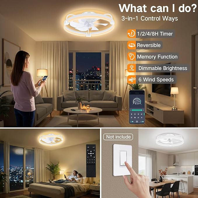 OUTON 20" Ceiling Fan with Light, Remote & App Control, Fandelier Low Profile Flush Mount Ceiling Fan with 3000K-6500K Stepless Dimmable, 6 Speed, Quiet DC Motor, Modern Ceiling Fans for Bedroom White