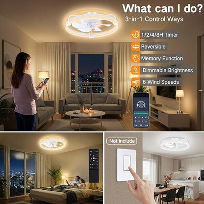 OUTON 20" Ceiling Fan with Light, Remote & App Control, Fandelier Low Profile Flush Mount Ceiling Fan with 3000K-6500K Stepless Dimmable, 6 Speed, Quiet DC Motor, Modern Ceiling Fans for Bedroom White