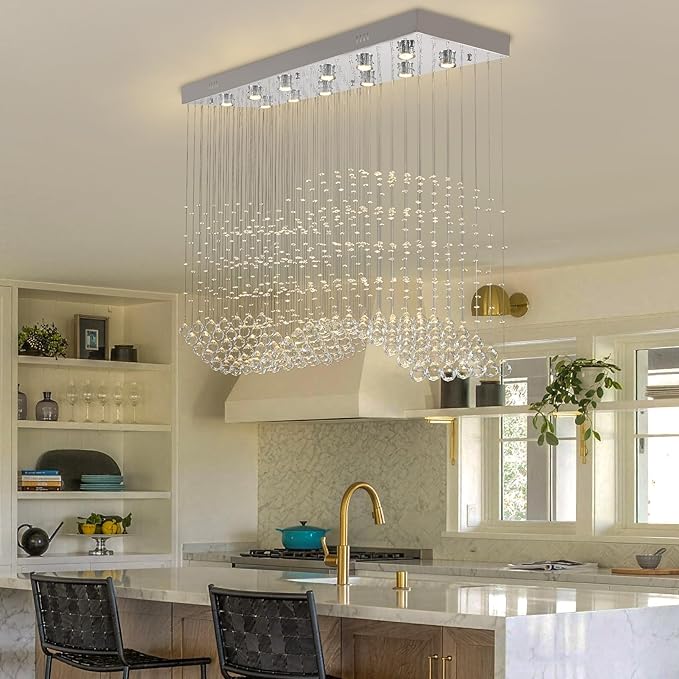 Finktonglan 47.2" Rectangular Crystal Chandelier for Kitchen Island, 10-Light Linear Island Pendant Light, GU10 Base (Bulbs Not Included), Height Adjustable Modern Dining Room Ceiling Light