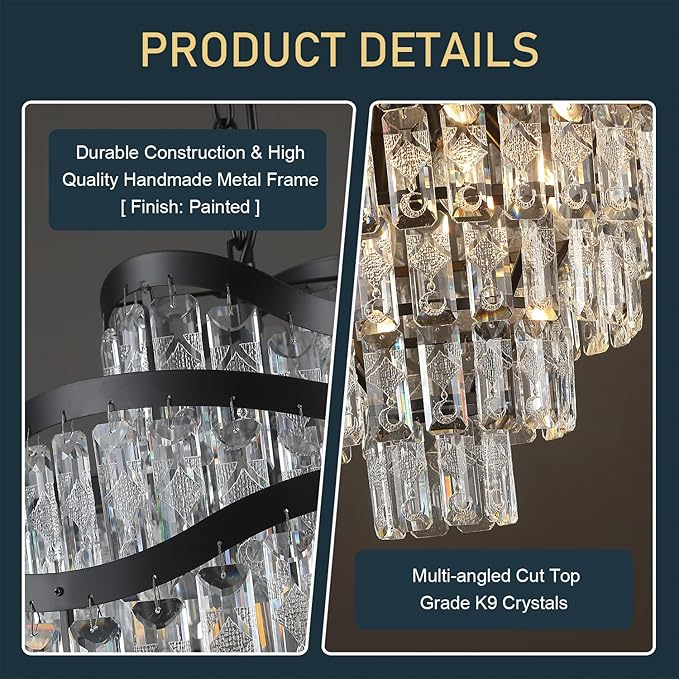 9-Tier 16 Lights Crystal Chandelier Luxury Light Fixtures 24" Black K9 Crystal Pendant Ceiling Lighting for Living Room Dining Room Foyer Bedroom Kitchen, E12
