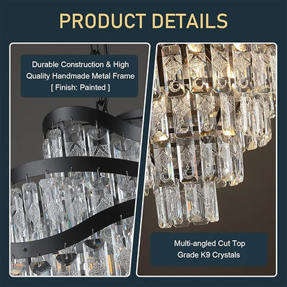 9-Tier 16 Lights Crystal Chandelier Luxury Light Fixtures 24" Black K9 Crystal Pendant Ceiling Lighting for Living Room Dining Room Foyer Bedroom Kitchen, E12