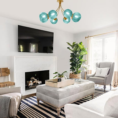 Modern 8-Lights Chandelier Ceiling Pendant Light Dining Room Chandelier Over Table 32.2" Flush Mount Ceiling Lights for Living Room Bedroom Kitchen (Lake Blue)