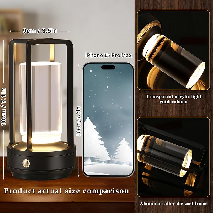 Anxingtools Portable Metal Table Lamp,Cordless Table Lamp, Rechargeable Battery Powered Portable LED Desk Lamp, 3 Color Stepless Dimming Touch, for Bedroom Restaurant Home Outdoor(Black)