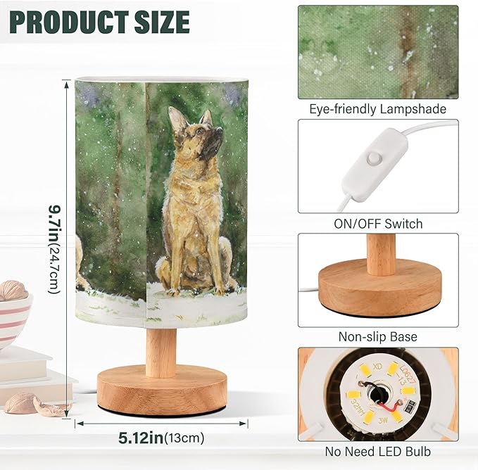 Table Lamp German Shepherd Dog Snowflake Nightstand Lamp with Wood Base Fabric Lamp Shade Bedside Desk Lamp for Living Room Bedroom Kids Room Office