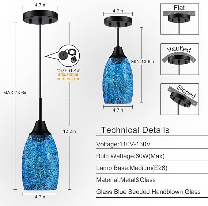 Viinew Mini Glass Pendant Light 1-Pack Handblown Clear Dark Blue Seeded Glass Shade Adjustable Cord Ceiling Light Fixture for Kitchen Island Sink 4.72"