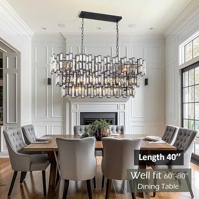 Rectangle Chandeliers for Dining Room - 17 Lights Rectangular Linear Chandeliers in Black