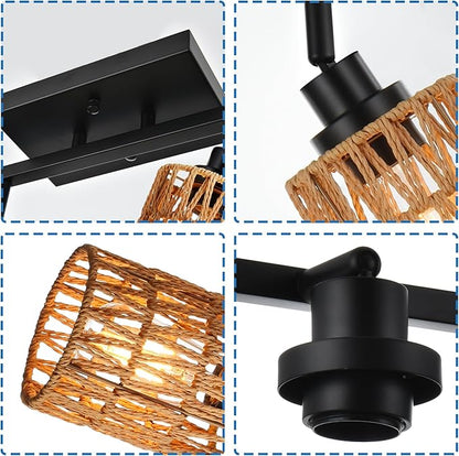 MELUCEE 5 Light Black Track Ceiling Light Fixture with Rattan Lamp Shade, Farmhouse Vanity Lights for Bathroom with Rotatable Light Head, Spotlight Track Lighting for Hallway Porch Foyer Bath