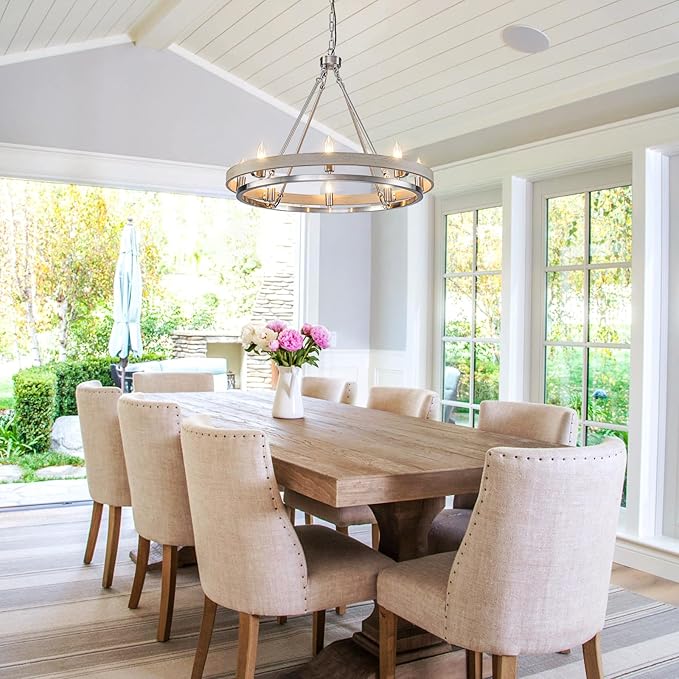 29" Brushed Nickel Wagon Wheel Chandelier, 8-Light Large Farmhouse Chandelier with Wood Grain Rustic Round Dining Room Light Fixtures for High Ceiling Foyer Living Room