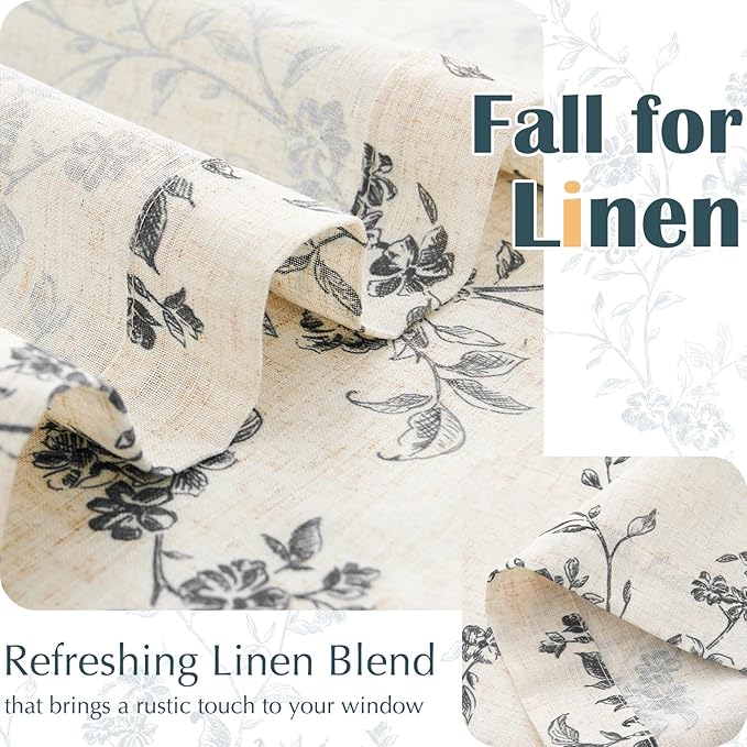 jinchan Floral Kitchen Curtains 30 Inch Linen Tier Curtains Farmhouse Cafe Half Window Drapes Over Sink Light Filtering Black on Beige for Living Room Laundry RV Rod Pocket 2 Panels