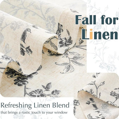 jinchan Floral Kitchen Curtains 30 Inch Linen Tier Curtains Farmhouse Cafe Half Window Drapes Over Sink Light Filtering Black on Beige for Living Room Laundry RV Rod Pocket 2 Panels