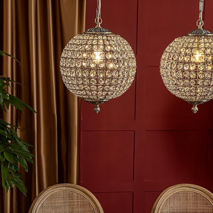 ALOADECOR 1-Light W12 in. Retro Antique Gold Globe Chandelier Small Crystal Vintage Cage-Style Shade Pendant Light for Kitchen Island Sphere Light Fixture for Bedoom