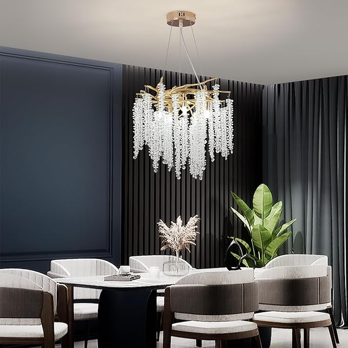 Tree Branches Chandeliers Luxury Round Raindrop Crystal Pendant Light Fixture 8 Light Tassel Ceiling Hanging Light for Dining Room Bedroom Living Room Entryway 15.8" Gold
