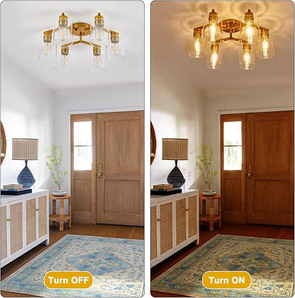 Gold Kitchen Lighting Fixtures Ceiling Dining Room Light Fixtures Brass Kitchen Ceiling Light Fixture Large Chandelier for Living Room Semi Flush Mount with Clear Glass Shade