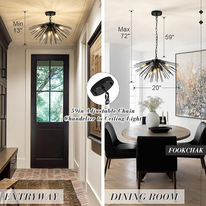 Black Sputnik Ceiling Light, 6-Light Starburst Chandelier Ceiling Lights Mid Century Modern Satellite Flush Mount Light Solid Metal for Entry Kitchen Sink Dining Room
