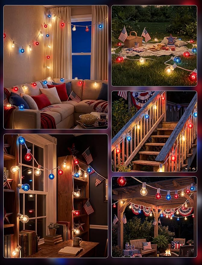25Ft G40 Red White and Blue String Lights, 4th of July Decorations Lights Plug in with 27 5W Globe Light Bulbs, Waterproof Outdoor Patriotic Lights for Memorial Day Independence Day Home Patio Decor