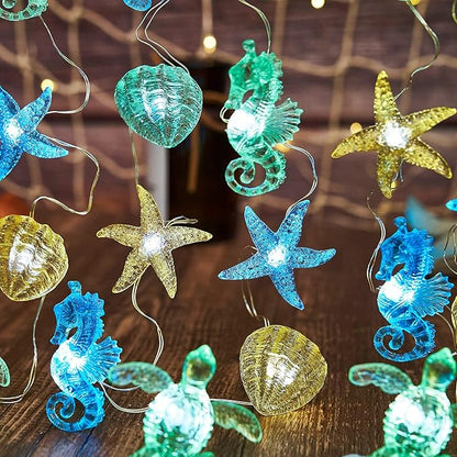 Nautical Theme Ocean Décor Beach Decorative String Lights Outdoor Seahorse Sea Turtle Starfish Shell Cute Marine Life Novelty Night Lights 30LED 10ft Battery Operated