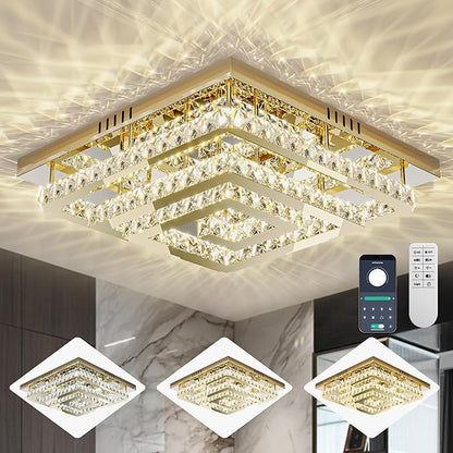 34" Crystal Gold Chandelier with Remote/APP Control, 3 Color Temperature Light Fixture & Brightness Adjustable, Modern Flush Mount LED Ceiling Light Fixture for Living Room Kitchen Hallway Dining Room