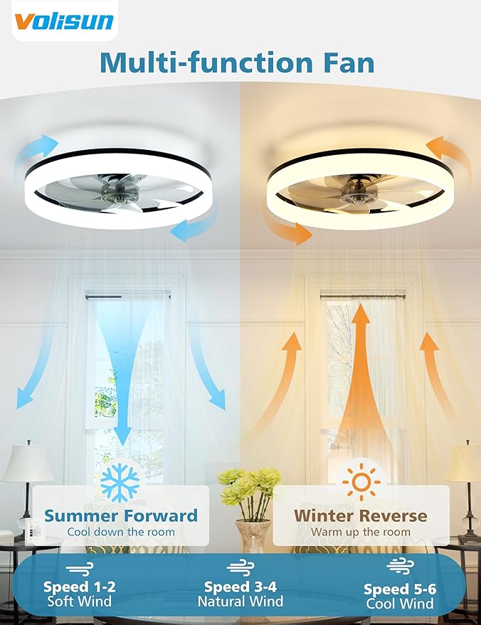 VOLISUN Low Profile Ceiling Fans with Lights and Remote, 20in Fandelier Ceiling Fan with Light, 3000K-6500K Dimmable Bladeless LED Fan Light, Black Flush Mount Ceiling Fans with Lights for Bedroom