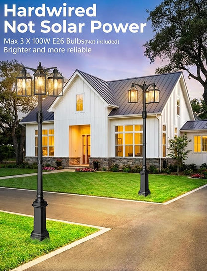Outdoor Lamp Post Motion Sensor, Dusk to Dawn Pole Lights 3-Head, Classic Black 360°Detection Waterproof Anti-Rust Aluminum Street Lighting for Yard Backyard Patio Driveway