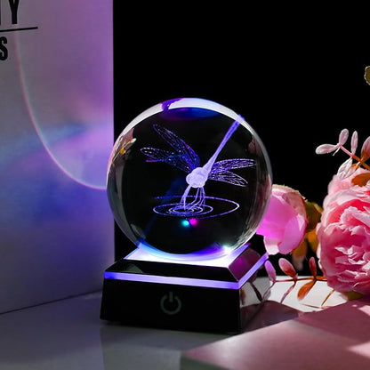 Qianwei Dragonfly 3D Crystal Ball 3.14'' - Laser Decor Glass Animals Gifts Figurines Statue for Women, Room Decorations and Night Light
