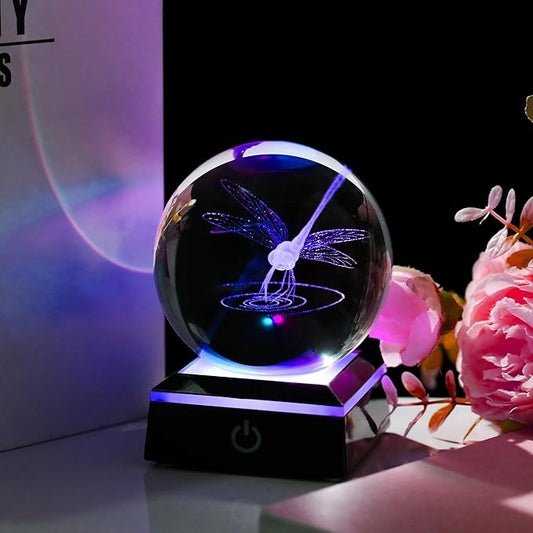 Qianwei Dragonfly 3D Crystal Ball 3.14'' - Laser Decor Glass Animals Gifts Figurines Statue for Women, Room Decorations and Night Light