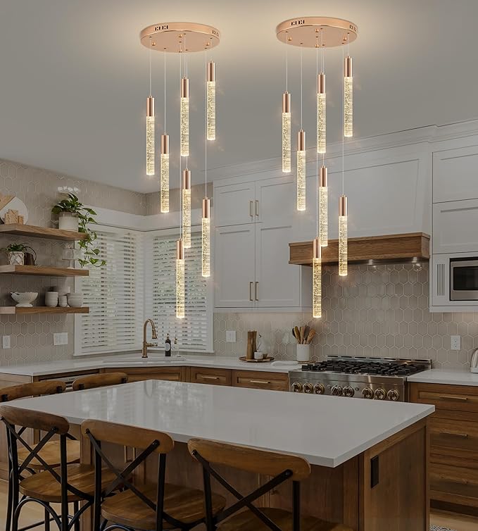 Modern High Ceiling Crystal Chandelier 7-Lights, Spiral LED Raindrop Foyer Pendant Lighting, Bubble Staircase Living Room Hanging Light Fixture Flush Mount Gold