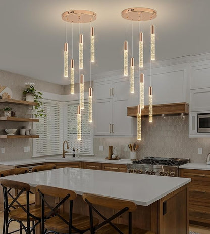 Modern High Ceiling Crystal Chandelier 7-Lights, Spiral LED Raindrop Foyer Pendant Lighting, Bubble Staircase Living Room Hanging Light Fixture Flush Mount Gold