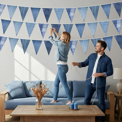 HESTYA 5 Pack 49 Ft Denim Pennant Banner, Blue Jean Theme Triangle Garland, Cowboy Western Party Decorations, Rustic Farmhouse Bunting for Baby Shower, Birthday, Graduation, Country Festival Supplies