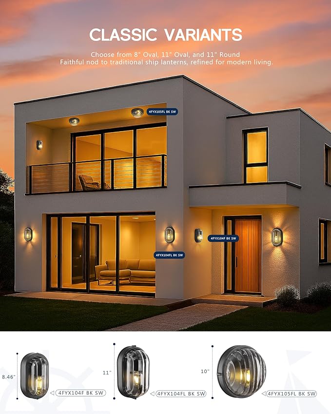 FEMILA 8.5" Oval Bulkhead Light, Outdoor Wall & Ceiling Flush Mount Sconce, Nautical Outdoor Lighting Aluminum with Ripple Glass, Outdoor Wall Sconce for Porch Patio Garage, 4FYX104F BK SW