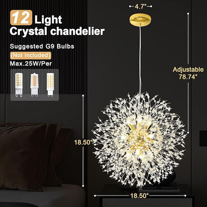 Modern Firework Gold Crystal Chandeliers, Sputnik Dandelion Chandelier Light Fixture Pendant Lighting for Dining Room, Living Room, Bedroom, Kitchen, Restaurant- 12 Lights